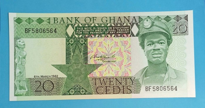 Bancnotă Ghana (pick 21) 20 Cedis 1982 UNC serie: BF5806564