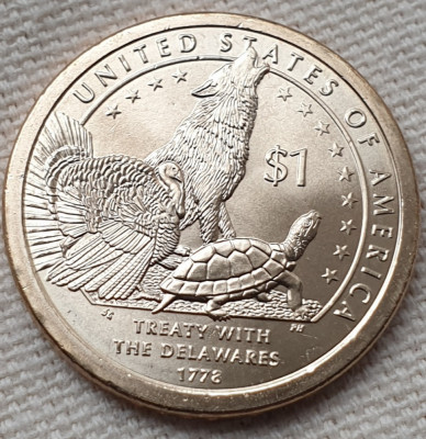 Monedă 1 Dollar 2013 USA, Sacagawea Native, unc, Treaty with the Delaware 1778 foto