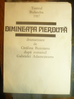 Afis -Piesa Teatru -Dimineata pierduta de Catalina Buzoianu-T.Bulandra ,stag.-87 foto