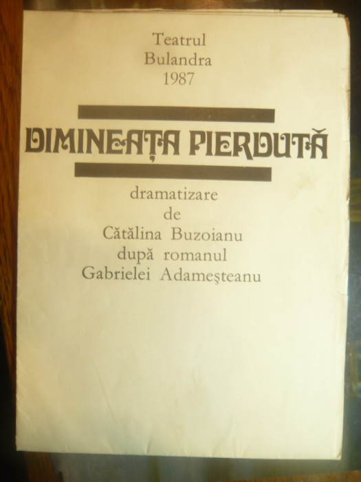 Afis -Piesa Teatru -Dimineata pierduta de Catalina Buzoianu-T.Bulandra ,stag.-87