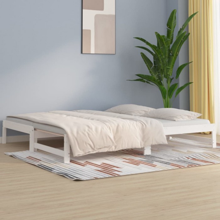 Pat de zi extensibil, alb, 2x(80x200) cm, lemn masiv de pin