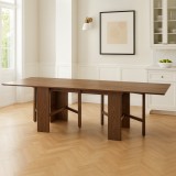 Masa plianta 12 persoane, Pal Melaminat, insertii lemn masiv, sistem cuplare blat, 274x75x78 cm, nuc