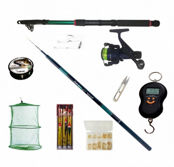 Set pescuit sportiv cu lanseta telescopica 2,1m, undita telescopica 3,6m, mulineta si accesorii