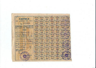Cartela lemne 1949, stampila Facultatea de Drept, Universitatea Cuza Voda foto