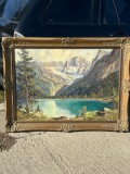 TABLOU ADOLF SCHUHKNECHT - Peisaj Lac Alpin Tirol - Ulei Pe Panza - 120 x 90 cm + Rama Lemn Originala - 1940-50 !
