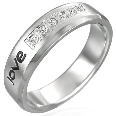 Inel din oțel inoxidabil - inscripția &amp;quot;LOVE&amp;quot;, șase zirconii - Marime inel: 59