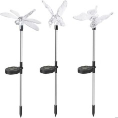 Set 3 Lampi Solare LED tip pasare-fluture-libelula, Inaltime 43 cm, eMazing, Multicolor