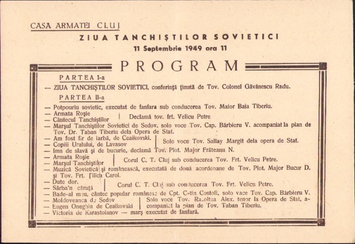 A2700N Program Ziua tanchiștilor sovietici, 1949, Casa Armatei Cluj