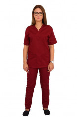 Costum medical grena, cu bluza cu anchior in forma V, trei buzunare aplicate si pantaloni visiniu cu elastic XS foto