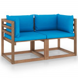 VidaXL Canapea din paleți de grădină, 2 locuri, perne bleu, lemn pin