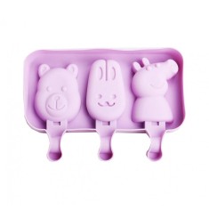 Forma silicon pentru inghetata, Pepa, Urs, Iepure 3 cavitati cu capac din silicon, Mov, 19 cm, CooKstyle, 409COF