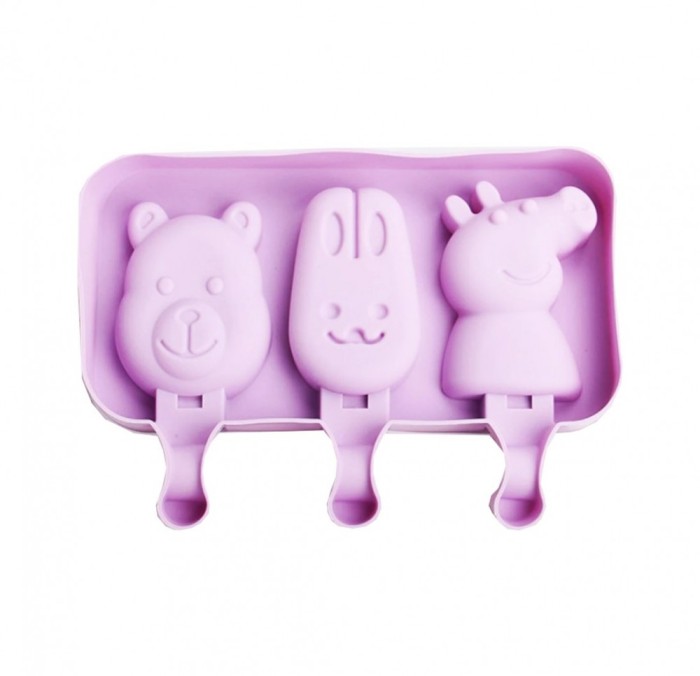 Forma silicon pentru inghetata, Pepa, Urs, Iepure 3 cavitati cu capac din silicon, Mov, 19 cm, CooKstyle, 409COF