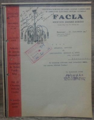 Document FACLA, societate constructie corpuri iluminat/ 1947 foto