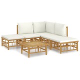 Set mobilier de gradina cu perne alb crem, 6 piese, bambus