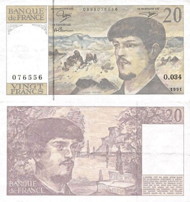 1991, 20 francs (P-151e) - Franța - stare XF+! foto