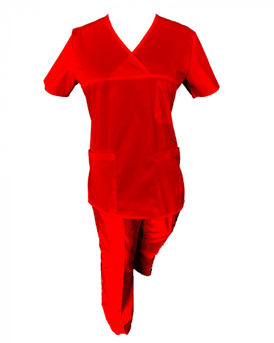 Costum Medical Pe Stil, Rosu cu Elastan, Model Classic - XL, M