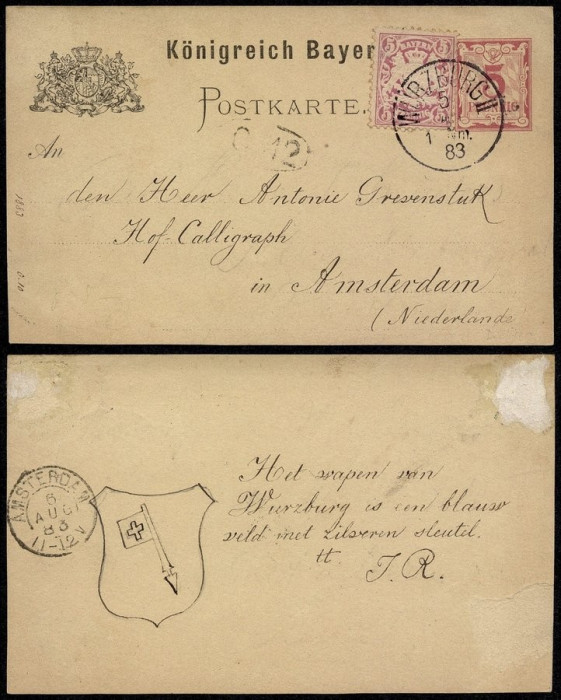 Germany Bavaria 1883 Old Uprated stationery Wurzburg to Amsterdam DB.069