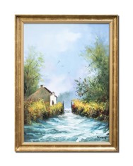 Tablou inramat pictat manual, Peisaj din Delta Dunarii, 80x60cm ulei pe panza, rama din lemn, Geo Ungureanu