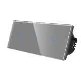 Intrerupator touch simplu x 3 cu indicator luminos, Luxion LX-ST-101/101/101-GY, incastrat, rama din sticla inclusa, gri