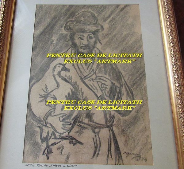 Nicolae GRIGORESCU 1874, EVREU cu gasca, tablou in carbune original unicat