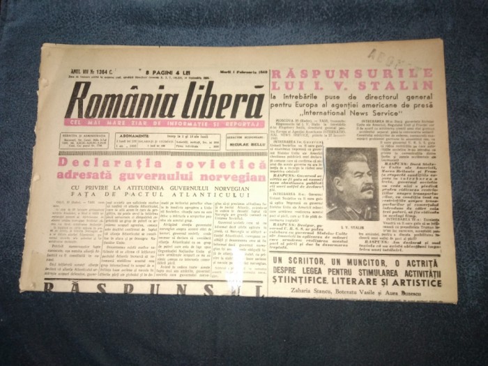 ZIARUL ROMANIA LIBERA 1 FEBRUARIE 1949