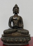 Statueta bronz BUDDHA, BUDHA, inceput de sec xx, Tibet, insertii aurite, h=20 cm, lat=13 cm, stare perfecta, patinata