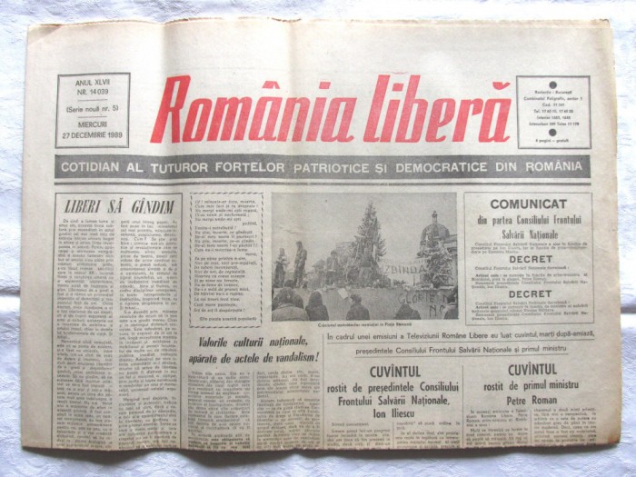 Ziar ROMANIA LIBERA din 27 decembrie 1989 - Revolutia Romana