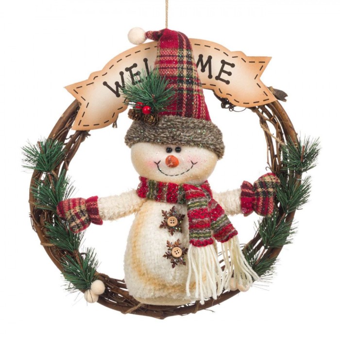 Decorațiune Crăciun Lemn, Om de Zăpadă, 35cm, Multicolor, Mesaj &Ccedil;&times;Welcome&Ccedil;Ł