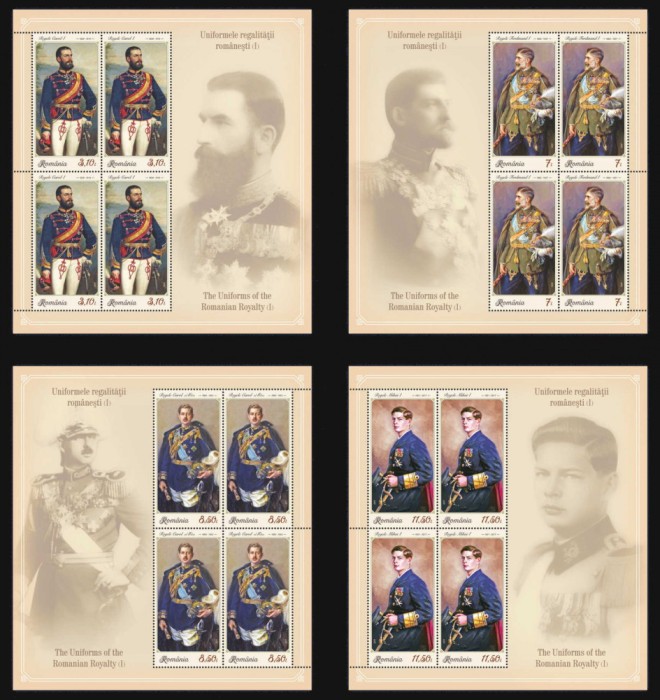 RO 2019 LP 2264 &quot;Uniformele regalitatii ( I ) &quot; , minicoli de 4 + manseta , MNH