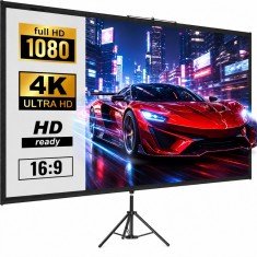 Ecran Proiectie cu Trepied 80 inch, 4K Ultra HD, 16:9, Reglabil 200-250 cm, Unghi 160&deg;, Portabil, Home Cinema, Negru