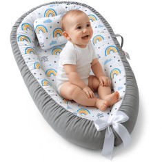 Cosulet Bebelusi pentru Dormit tip Baby Nest, Linomag&reg;, cu Doua Fete, 0-24 Luni, 90x55cm, Husa Bumbac, Confort &amp; Siguranta, Alb/Gri deschis