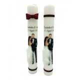 Set lumanari nunta, personalizabile cu nume si data, decorate cu puf, catifea si silueta mire si mireasa multicolor
