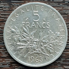 (A517) MONEDA DIN ARGINT FRANTA - 5 FRANCS 1963, SEMANATOAREA, 12 GRAME, AG 835