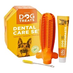 Set 3 piese pentru ingirjire dentara caini Natural Dog, jucarie, periuta si pasta de dinti, talie mijlocie