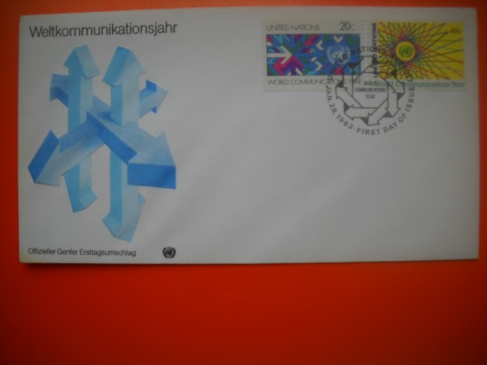 HOPCT PLIC FDC S NR 398 ANUL COMUNICATIILOR 1983 - ONU-NATIUNILE UNITE BIROUL GENEVA-ELVETIA-NECIRCULAT