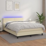 vidaXL Pat cu arcuri, cu saltea &amp; LED, crem, 140x190 cm, piele eco 3134101