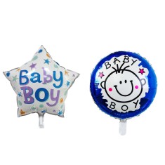 Set 2 baloane din folie metalizata, flippy, figurine stea si cerc, tema botez baietel, 45 cm, ambalaj individual, pai inclus, umflare cu aer sau heliu