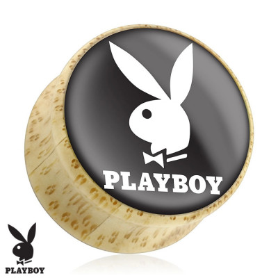 Plug pentru ureche &amp;icirc;n formă de șa realizat din lemn natural, iepurașul Playboy, bază neagră - Lățime: 12 mm foto