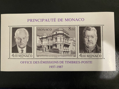 PC47 - Monaco 1987 Aniversare emitere timbre, Colita MNH, 3v foto