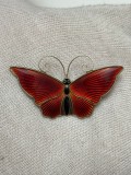 Brosa Argint 925 Fluture Email David Andersen Norway Vintage 1940-50 Rosie Red &amp; Black 5.5cm