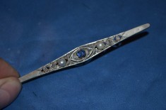 BROSA AUR 14K + ARGINT + 22 Diamante + 2 Perle + Topaz - 8.8 cm - Art Deco - 6g. foto