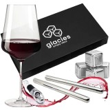 Set Accesorii pentru vin, 5 in 1, cu 4 cuburi de gheata din otel inoxidabil, doua tije, aerator si dopuri
