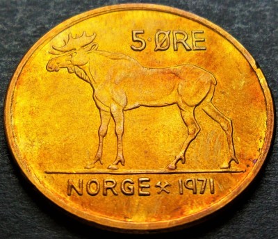 Moneda 5 ORE - NORVEGIA, anul 1971 *cod 2333 B = A.UNC / PATINA CURCUBEU foto