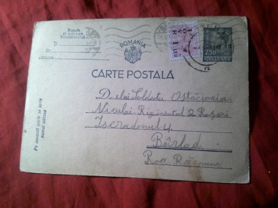 Carte Postala circulata 1948 Liteni (Suceava) - Barlad cu Timbru fix 7,5lei Mihai si IOVR foto