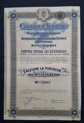 Actiune 1920 Societatea Creditul tehnic / titlu / actiuni foto