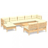 Set mobilier gradina cu perne crem, 10 piese, lemn masiv de pin