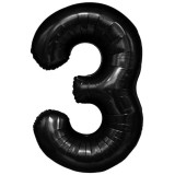 Balon din folie metalizata flippy, figurina cifra, tema aniversare 40 cm, ambalaj individual, pai inclus, umflare cu aer sau heliu, negru, cifra 3