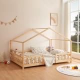 Cumpara ieftin Pat Copii Treviolo tip Casuta Montessori, Dimensiuni 120x200cm, Lemn de Brad, Culoare Lemn Natur, [en.casa]