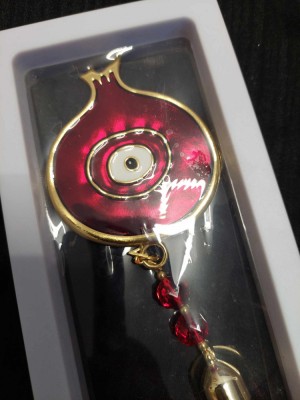 accesoriu norocos din aliaj Rodie cu email,tematica rodie si ochi,rosu-auriu foto