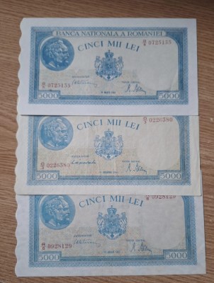 ROMANIA - lot 3 de 5000 Lei Decembrie 1944 , Martie + August 1945 . VF + / Aunc. foto